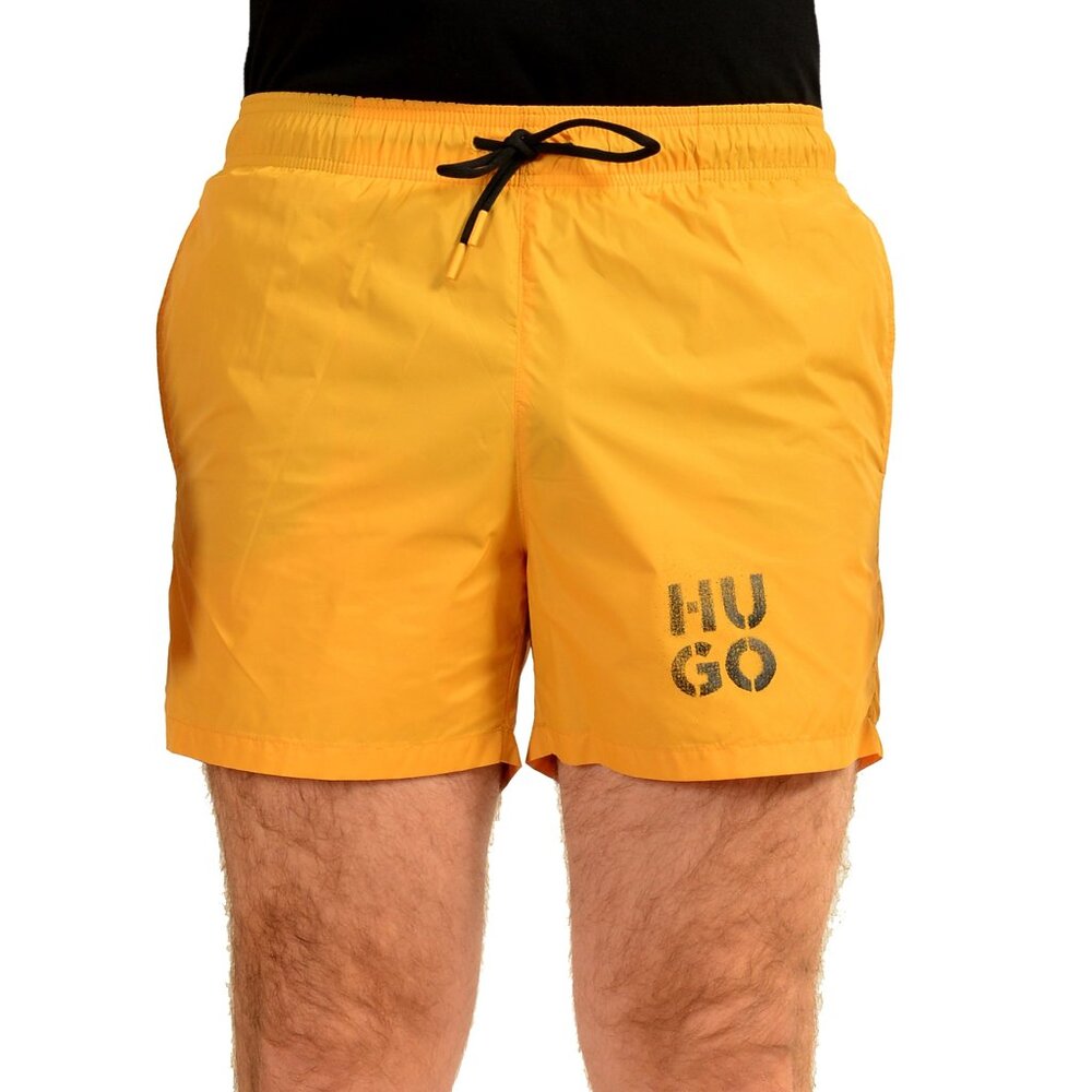 Hugo Boss Men's "PAOL" Mustard Yellow Logo Print Swim Board Shorts US M IT 50